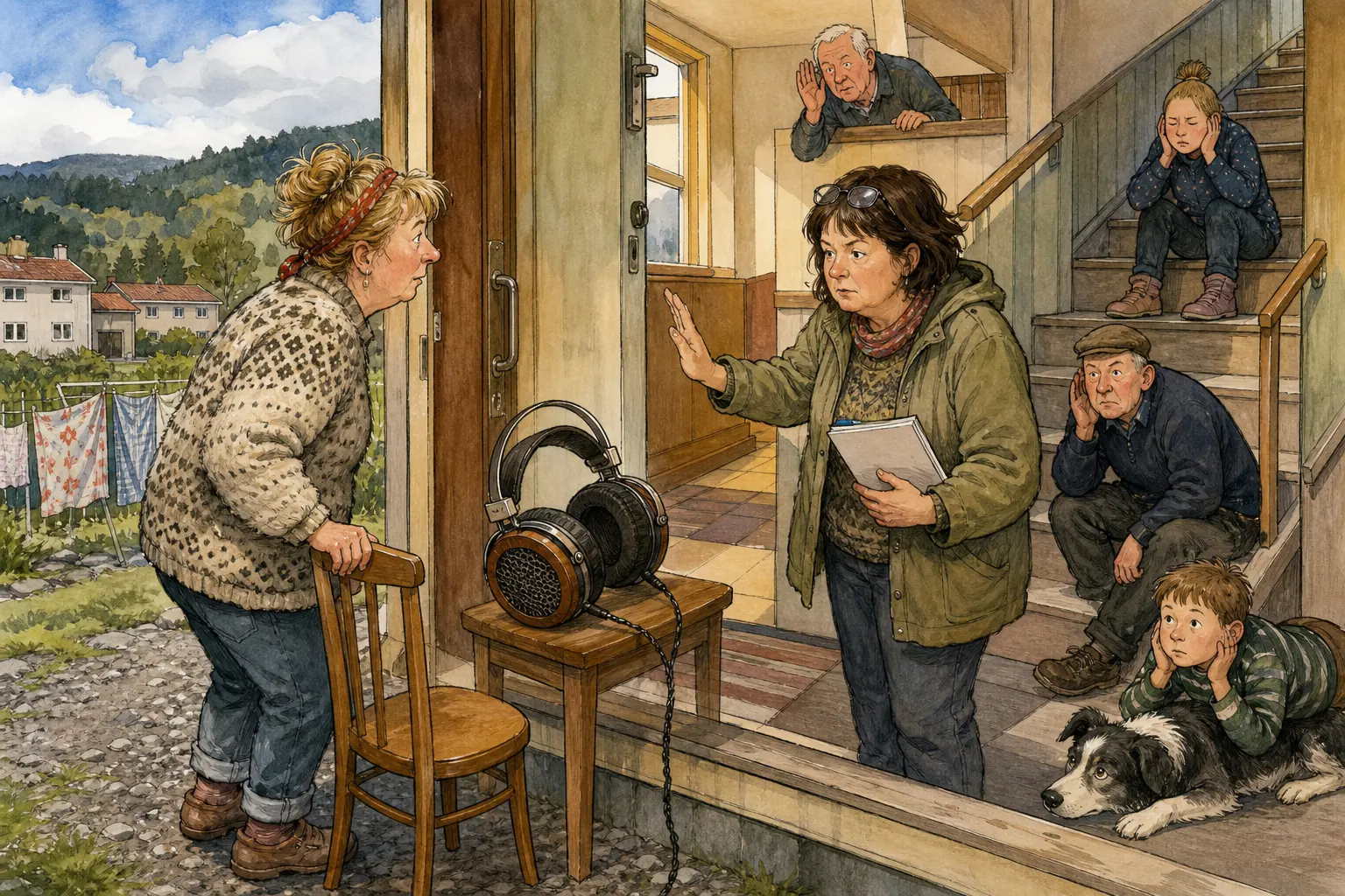 Tegnet hovedmotiv til saken Sendy Audio Egret: åpen lyd med litt for god hørbarhet i oppgangen: Trusted Reviews roser Sendy Audio Egret for bred, naturlig lyd og flott håndverk. Motivet knytter saken til Varselskiltstua på Nedre Tverrveg, Kaffediket bak Brøytegarasjen og Bakomberg Velforening for Uvedkommende Saker.