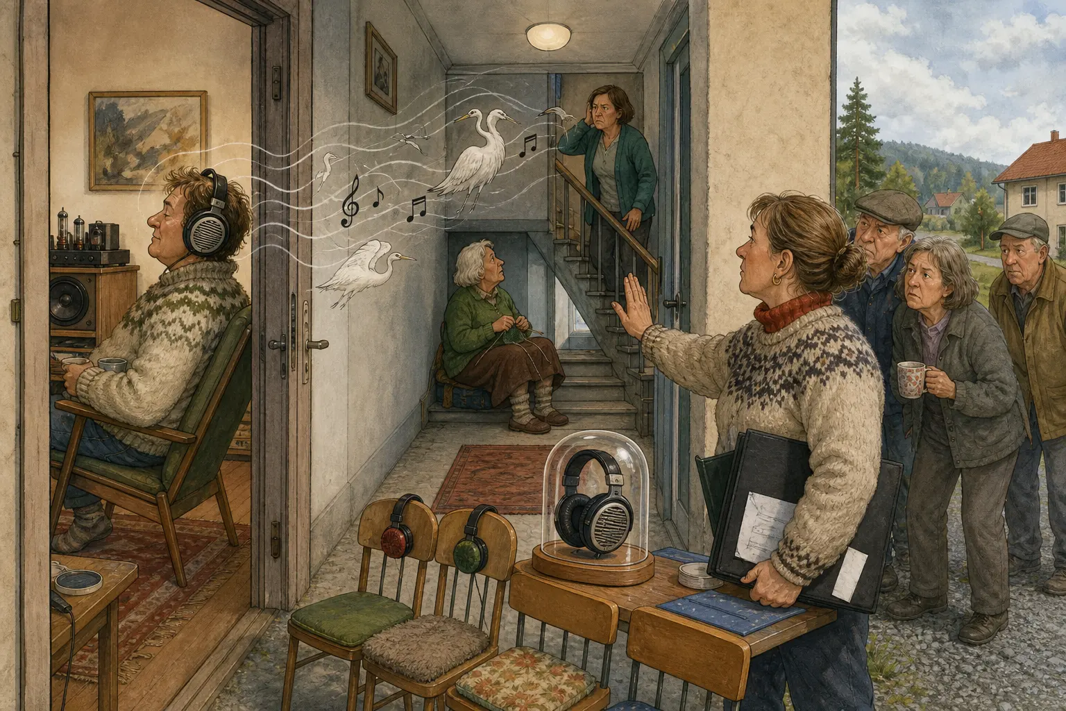 Tegnet støttemotiv til saken Sendy Audio Egret: åpen lyd med litt for god hørbarhet i oppgangen: Trusted Reviews roser Sendy Audio Egret for bred, naturlig lyd og flott håndverk. Motivet knytter saken til Varselskiltstua på Nedre Tverrveg, Kaffediket bak Brøytegarasjen og Bakomberg Velforening for Uvedkommende Saker.