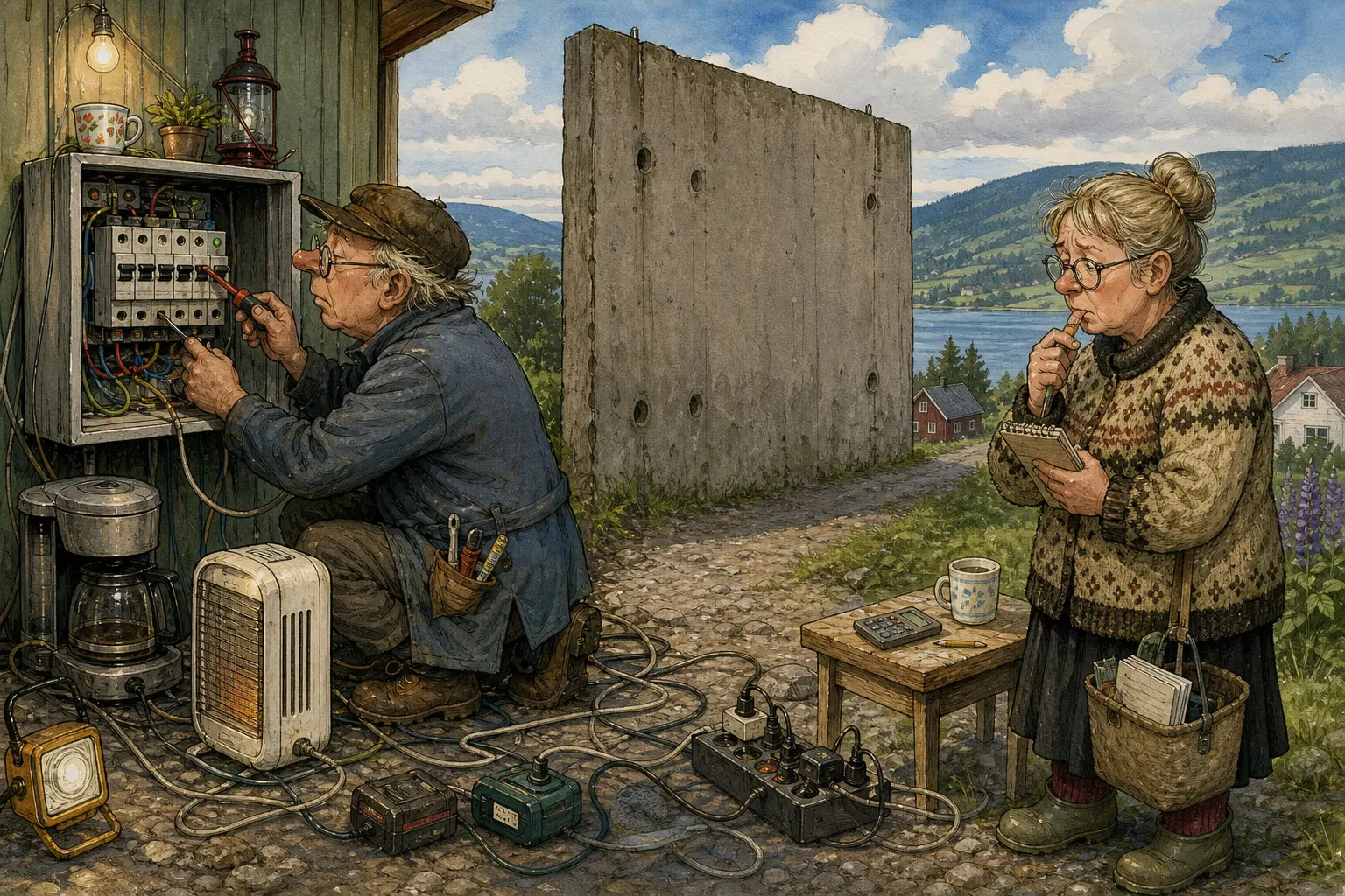 Tegnet hovedmotiv til saken Norgespris møtte kursen «diverse vegg»: Teknisk Ukeblad skriver at norgespris kan bli dyrere enn først anslått. Motivet knytter saken til Solbjørg Løkkemo, Skuffefunn & Etterlatenskaper A/S og Bakomberg Hjelpekorps for Nestenulykker.