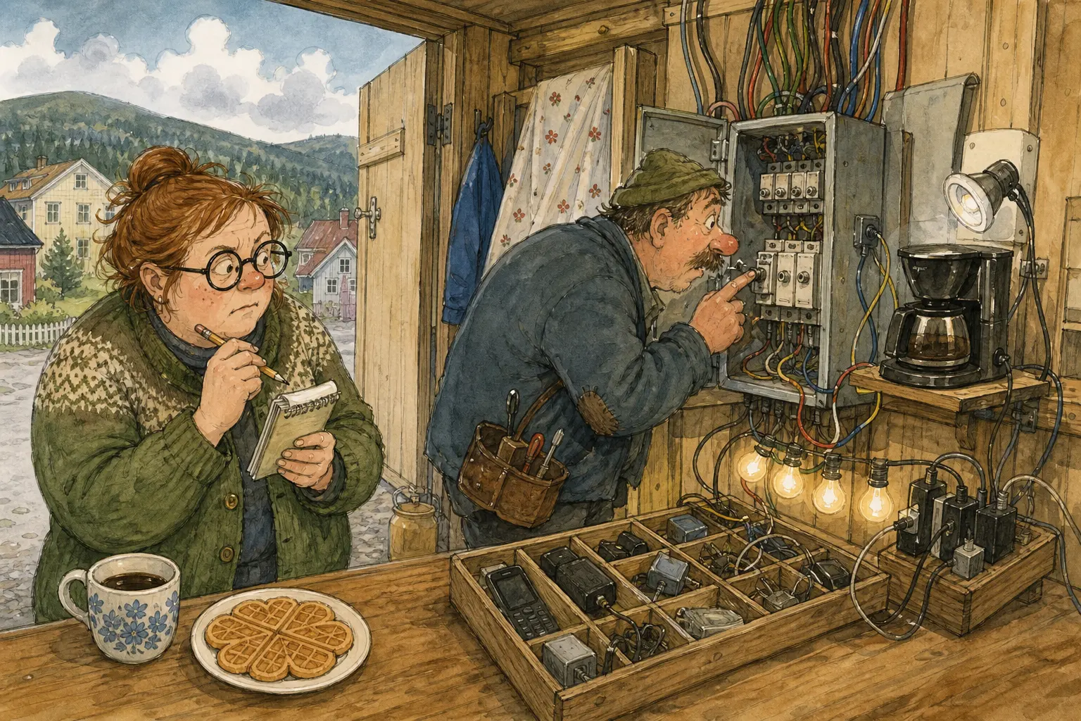 Tegnet støttemotiv til saken Norgespris møtte kursen «diverse vegg»: Teknisk Ukeblad skriver at norgespris kan bli dyrere enn først anslått. Motivet knytter saken til Solbjørg Løkkemo, Skuffefunn & Etterlatenskaper A/S og Bakomberg Hjelpekorps for Nestenulykker.