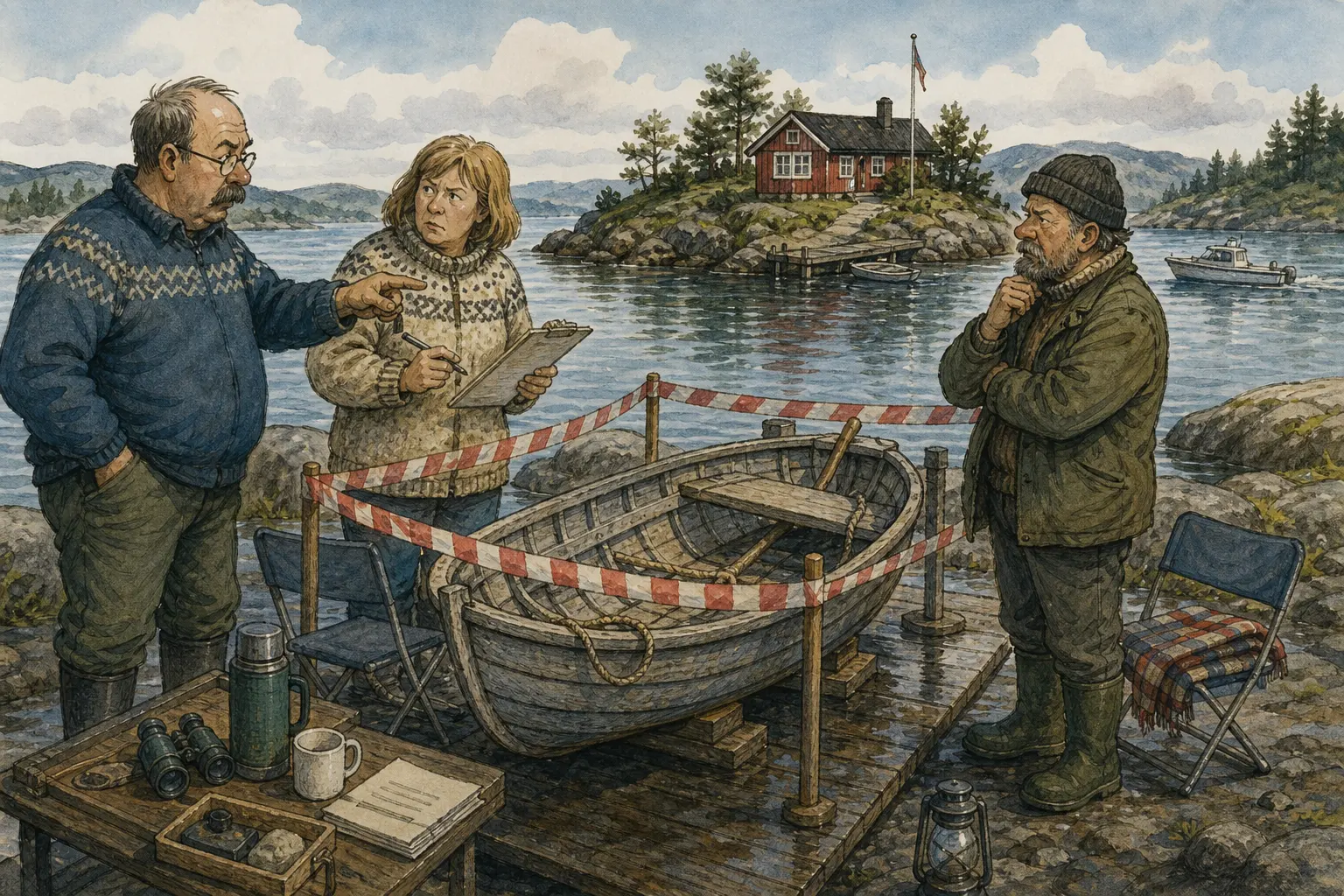 Tegnet hovedmotiv til saken Robåten følger med da hytteholmen i Bakombergvika skifter eiere: Den private hytteholmen utenfor Bakombergvika er solgt. Motivet knytter saken til Åsmund Klinke, Bakomberg Lete- og Finneforening og Laila Stemland.
