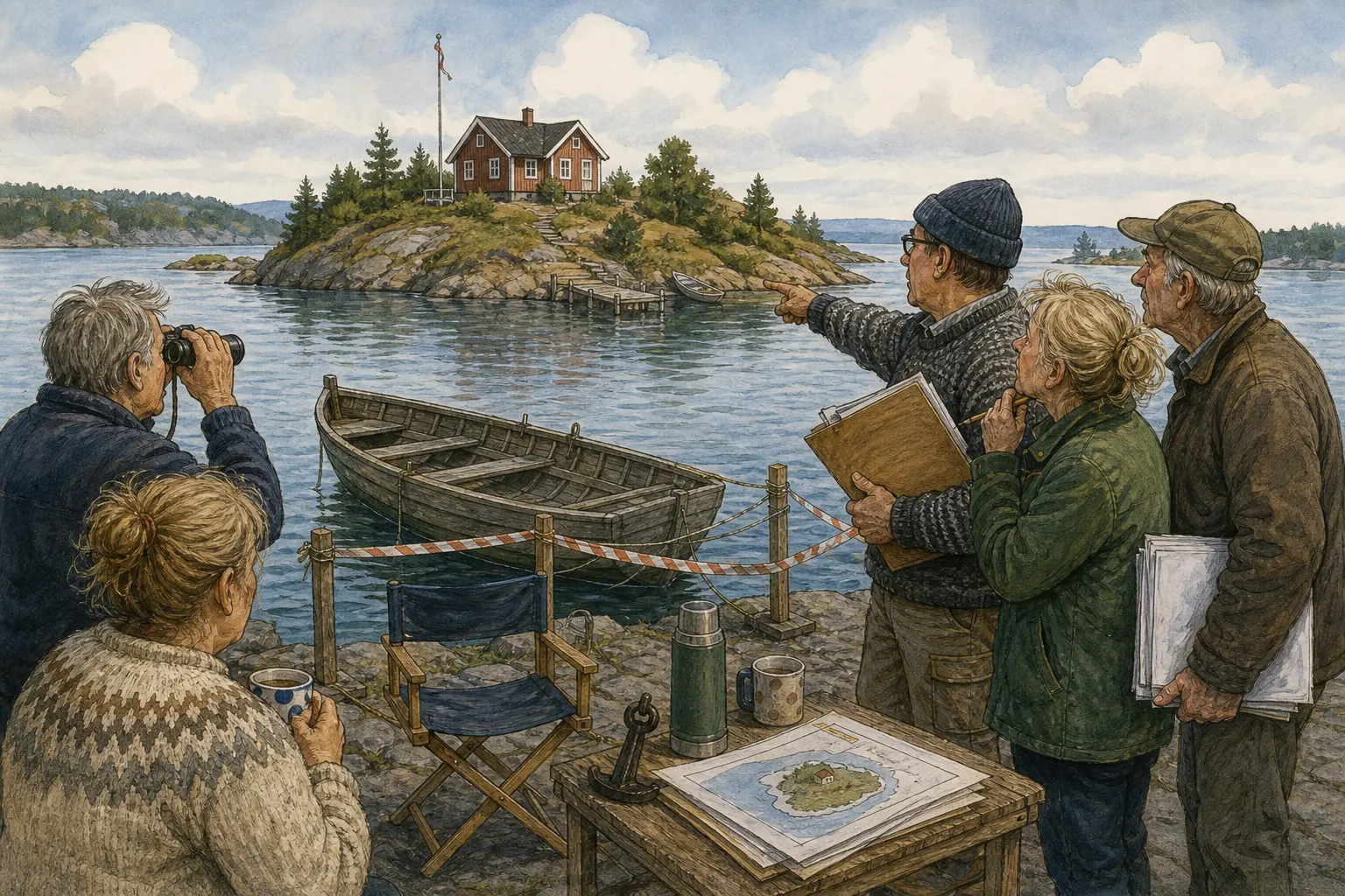 Tegnet støttemotiv til saken Robåten følger med da hytteholmen i Bakombergvika skifter eiere: Den private hytteholmen utenfor Bakombergvika er solgt. Motivet knytter saken til Åsmund Klinke, Bakomberg Lete- og Finneforening og Laila Stemland.