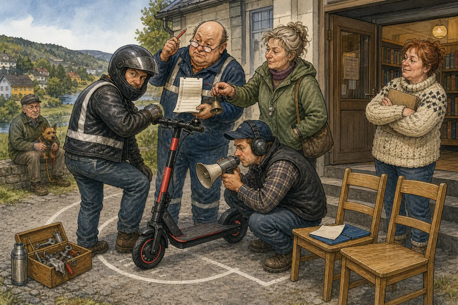 Tegnet hovedmotiv til saken Elsparkesykkel fikk motorsykkelrutine og stanset ved biblioteket: Med skulderblikk, hjelmsjekk, ringeklokke og pålagt motorlyd skulle elsparkesykkelen få mer alvor. Motivet knytter saken til Ragna Mildrid Sætermo, Hågensens Nød- og Reservehandel og Varmrista ved Bibliotekveggen.