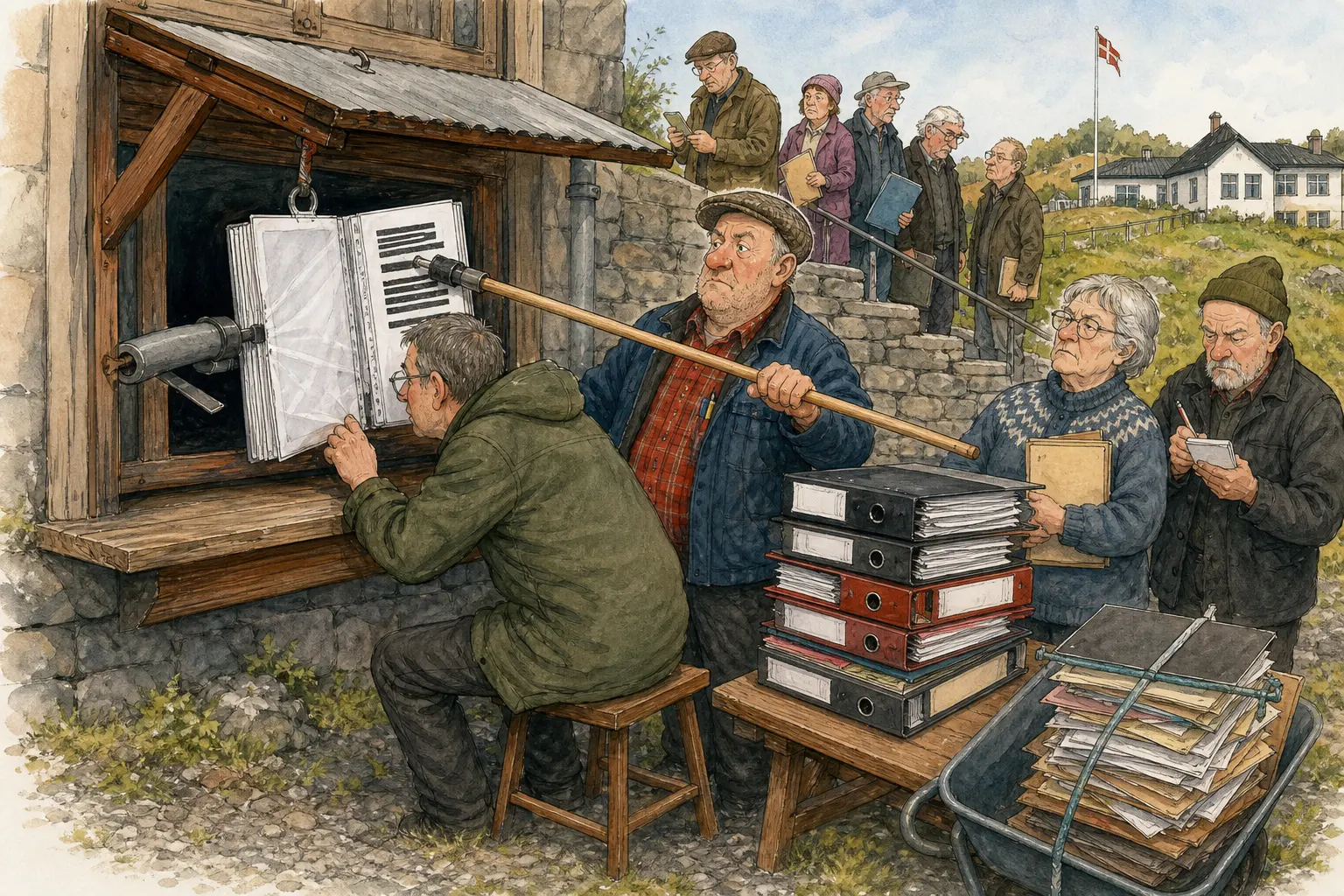 Tegnet hovedmotiv til saken Aslak får innsyn i halve pensjonspermen: Klagen førte itte fram. Motivet knytter saken til Bjarte Lunkevik, Aslak Vassmo og Bakomberg Velforening for Uvedkommende Saker.