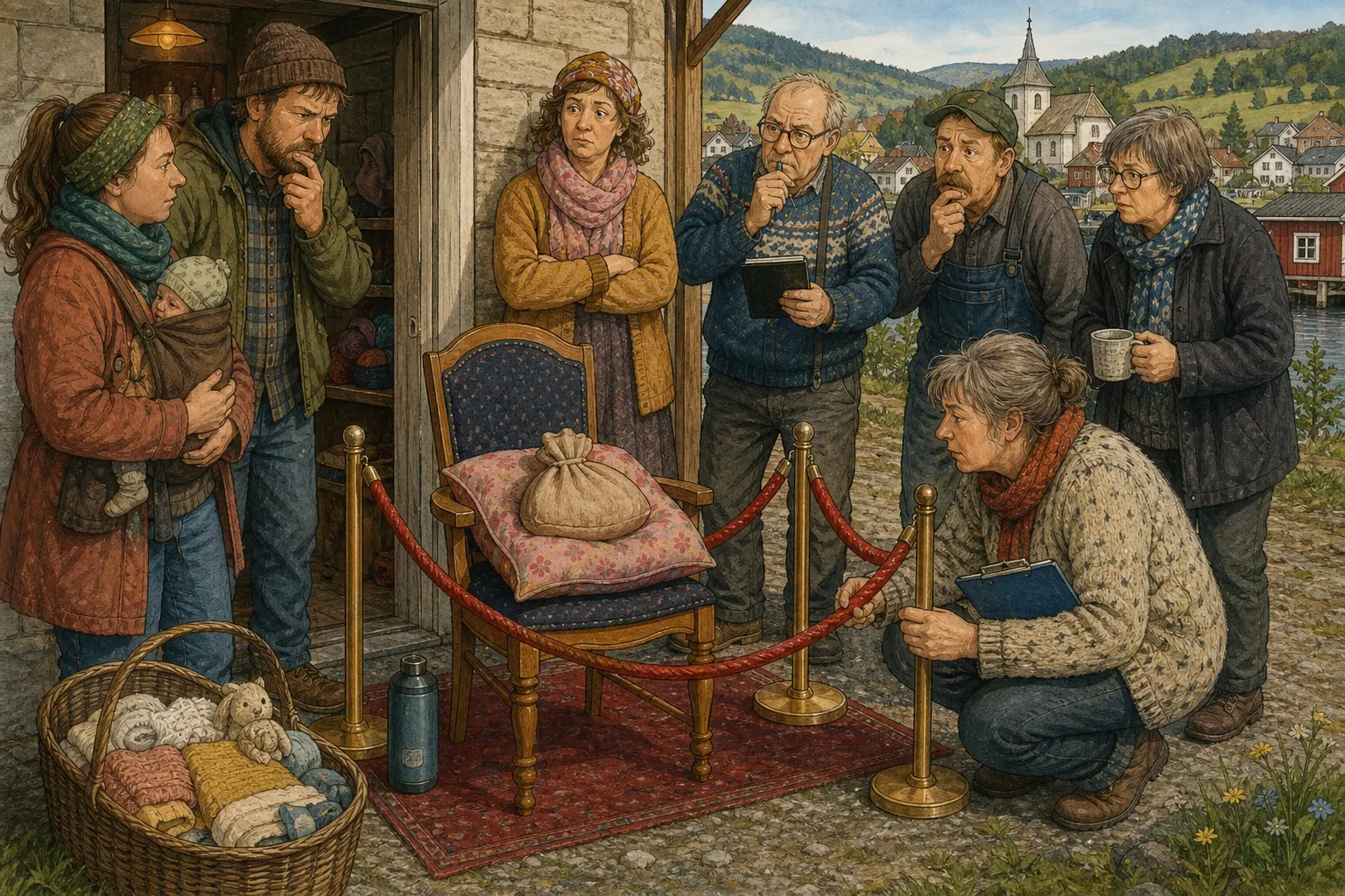 Tegnet støttemotiv til saken Doula kom te Bakomberg: Varmeputa fikk rolig ansvar: Ingen er imot mer støtte under fødsel, men flere ville vite om doula er helsepersonell, pårørende, besøk eller rolig dame med skjerf. Motivet knytter saken til Torunn Mjelde, Krittgangen bak Servicekvartalet og Stempelstova Kopi & Klagemål.