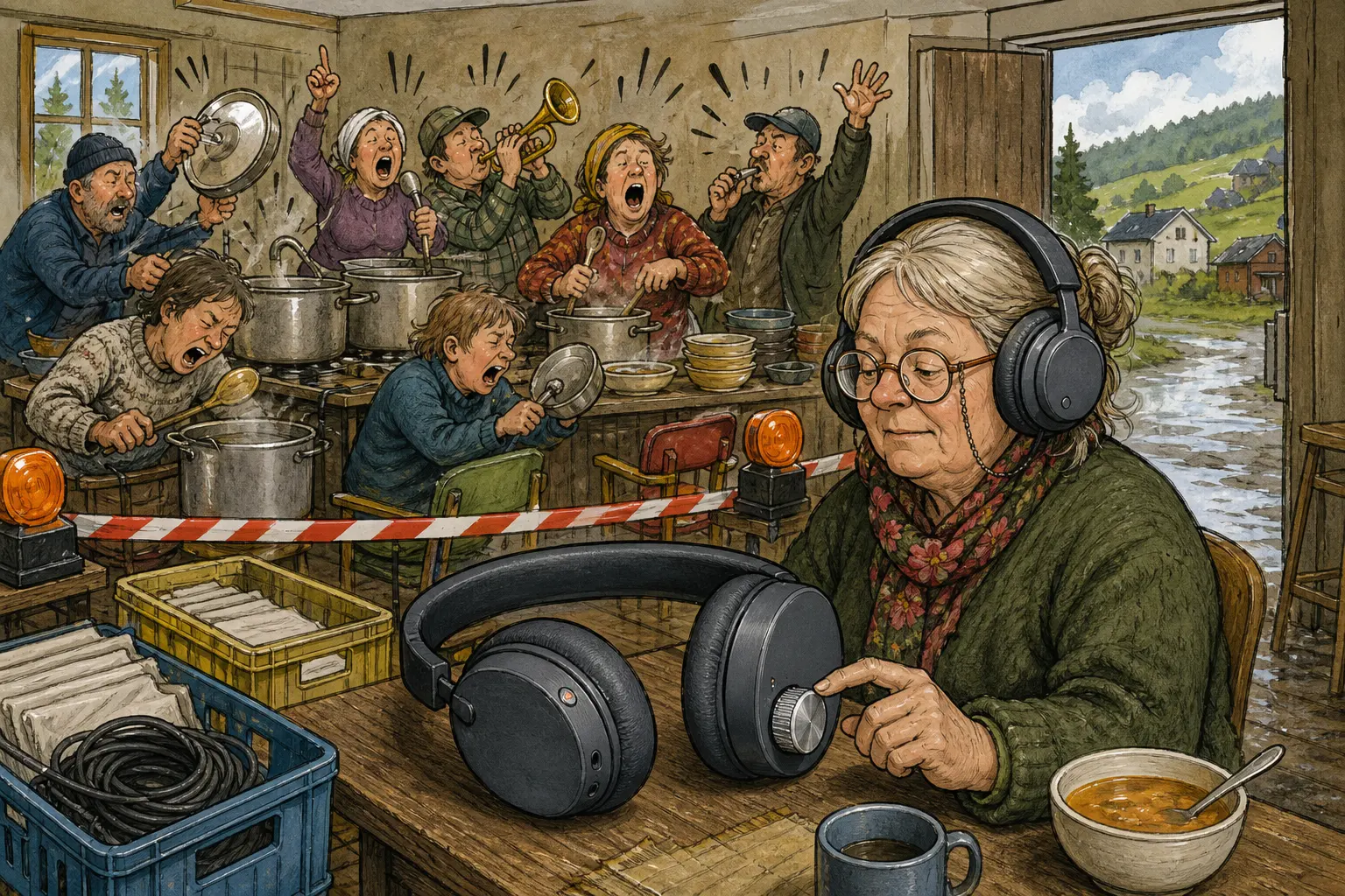 Tegnet hovedmotiv til saken CMF Headphone Pro: Volumrulla får ansvar ved suppebaren: Vi vurderer CMF Headphone Pro ut fra Trusted Reviews’ dokumenterte opplysninger, og bruker Speilvendt Suppebar som illustrasjon på hvorfor fysiske kontroller kan væra praktisk når alt lager. Motivet knytter saken til Speilvendt Suppebar & Nøkkelservice, Bakomberg Lapp- og.