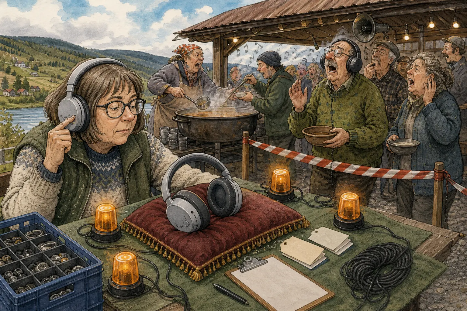 Tegnet støttemotiv til saken CMF Headphone Pro: Volumrulla får ansvar ved suppebaren: Vi vurderer CMF Headphone Pro ut fra Trusted Reviews’ dokumenterte opplysninger, og bruker Speilvendt Suppebar som illustrasjon på hvorfor fysiske kontroller kan væra praktisk når alt lager. Motivet knytter saken til Speilvendt Suppebar & Nøkkelservice, Bakomberg Lapp- og.