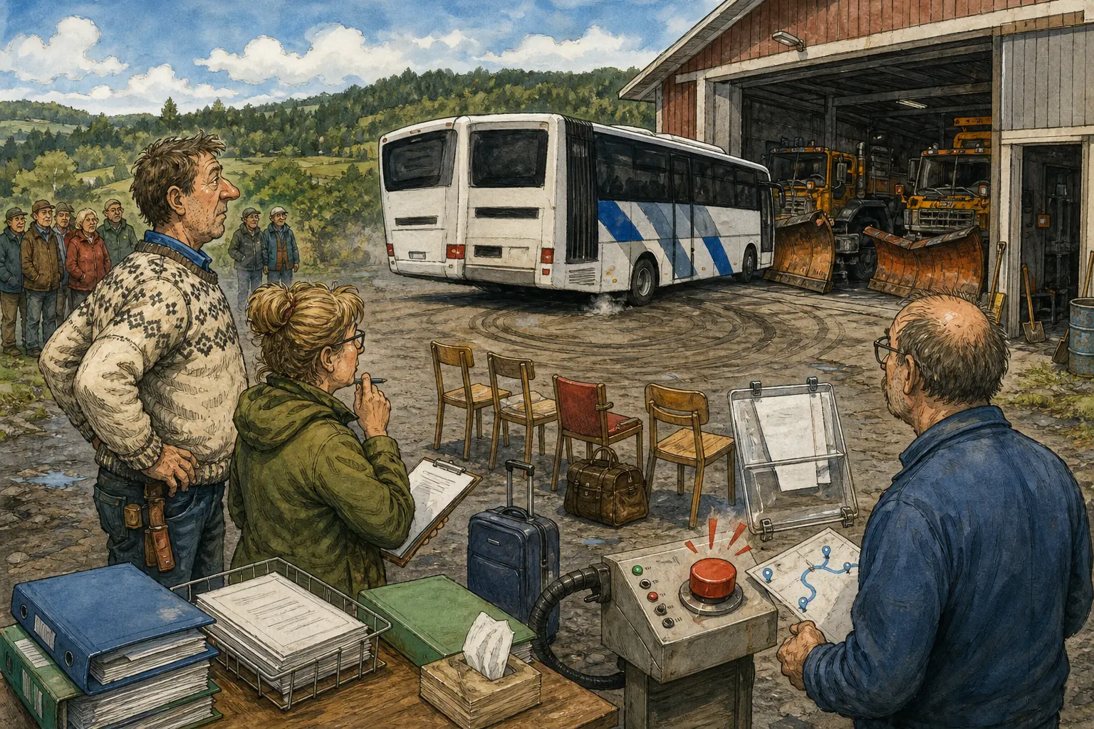 Tegnet hovedmotiv til saken Flybuss ved stengt veg får prøvesnuing bak brøytegarasjen: Høringsinnspillet om kollektivberedskap har fått snufelt, laminert rutetabell og en rød knapp hos Snublefri Bakomberg Drift. Motivet knytter saken til Askel Humlebrekk, Ivarine Ljosdal og Kaffediket bak Brøytegarasjen.