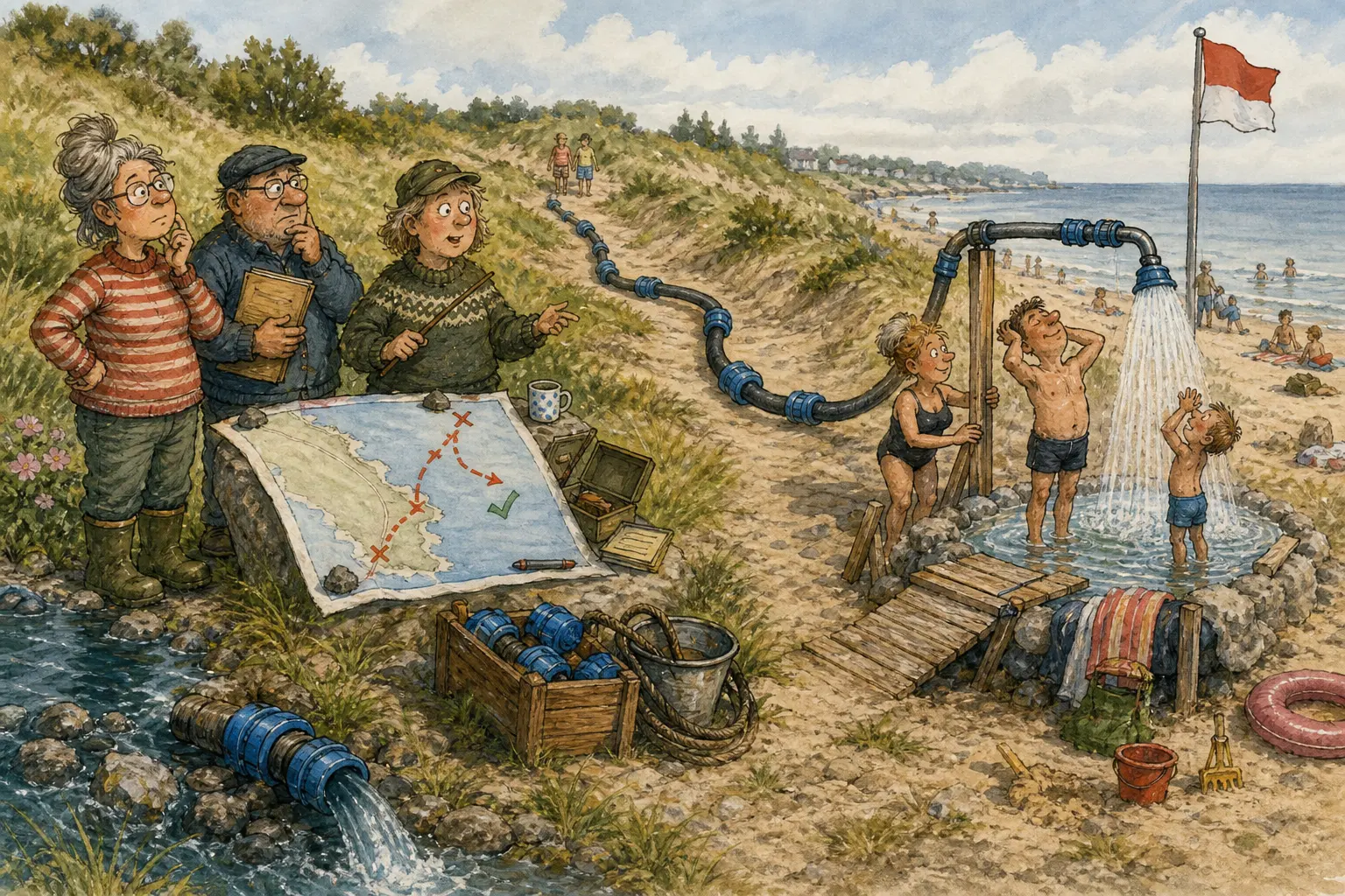 Tegnet hovedmotiv til saken Badevannsslange skapte tredje badeplass: Da ett badeområde fortsatt fikk baderåd mot seg, mens nabovannet var klarert, ble løsningen å sende det godkjente vannet i slange med blå koblinger. Motivet knytter saken til Milda «Sveisen» Røvik, Bakomberg Hverdagsberedskapslag og Rekkverket for to underskrifter.