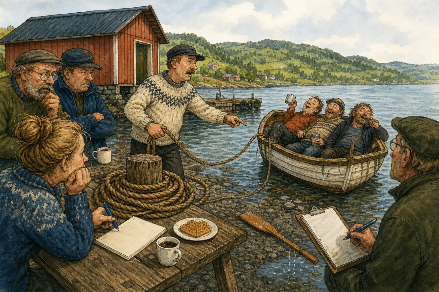 Tegnet hovedmotiv til saken Slepetau fikk ansvar da snekke kom inn ved Kaffekroken: Ei lita snekke ble slept inn ved Kaffekroken etter en rolig fredagskveld på vatnet. Motivet knytter saken til Vater & Vrang AS, Elinor Skavhaug og Kaffekroken ved Pumpehuset.