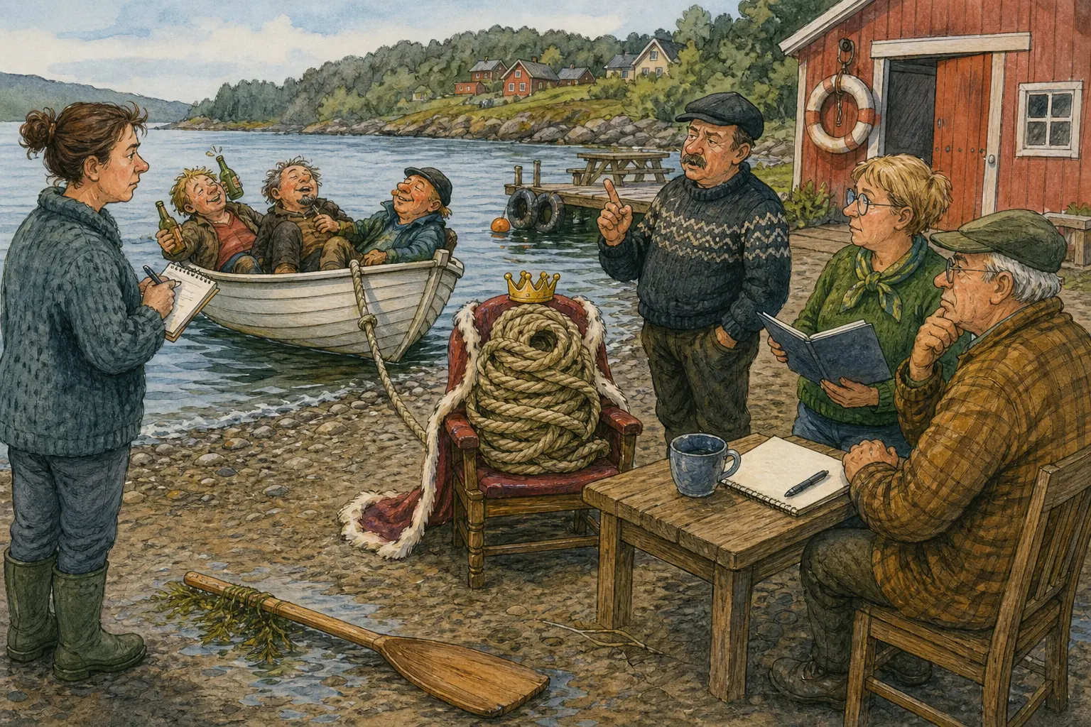Tegnet støttemotiv til saken Slepetau fikk ansvar da snekke kom inn ved Kaffekroken: Ei lita snekke ble slept inn ved Kaffekroken etter en rolig fredagskveld på vatnet. Motivet knytter saken til Vater & Vrang AS, Elinor Skavhaug og Kaffekroken ved Pumpehuset.