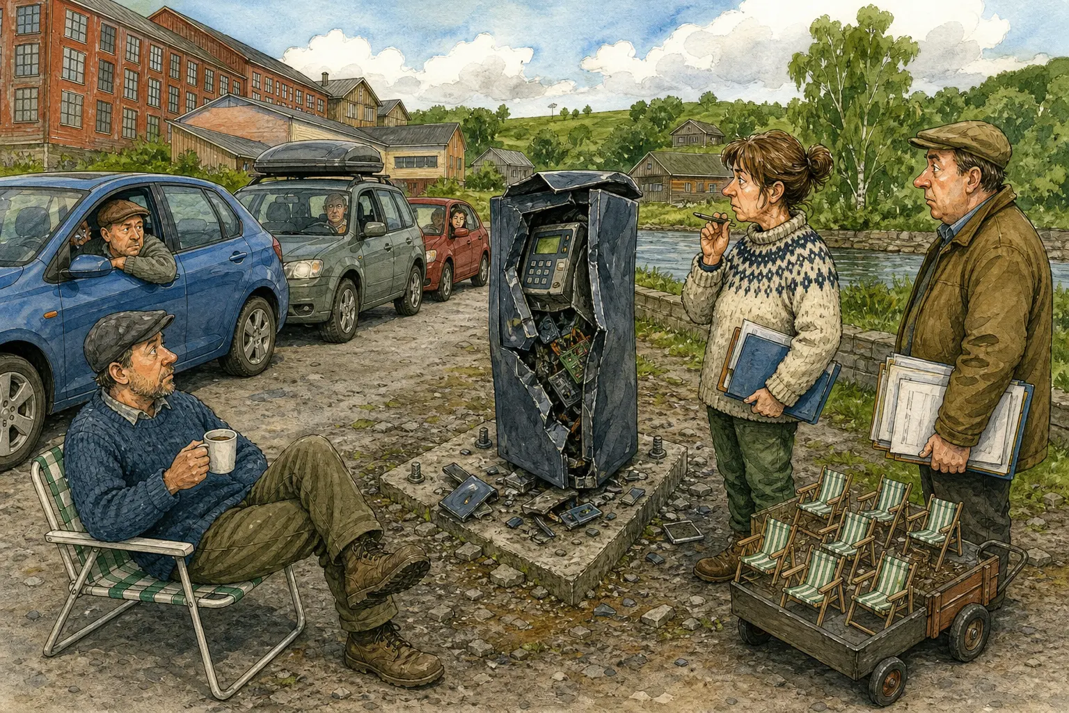 Tegnet hovedmotiv til saken Knust parkeringsautomat blir itte erstattet ved Vaskeribygget: Parkeringsautomaten ved Dampgløttet er tatt ut av drift etter en uavklart ryggemanøver. Motivet knytter saken til Bjarte Lunkevik, Skuffefunn & Etterlatenskaper A/S og Solveig Pallesen.
