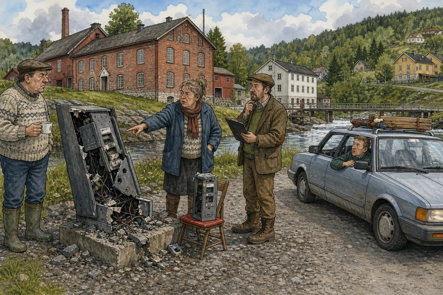 Tegnet støttemotiv til saken Knust parkeringsautomat blir itte erstattet ved Vaskeribygget: Parkeringsautomaten ved Dampgløttet er tatt ut av drift etter en uavklart ryggemanøver. Motivet knytter saken til Bjarte Lunkevik, Skuffefunn & Etterlatenskaper A/S og Solveig Pallesen.