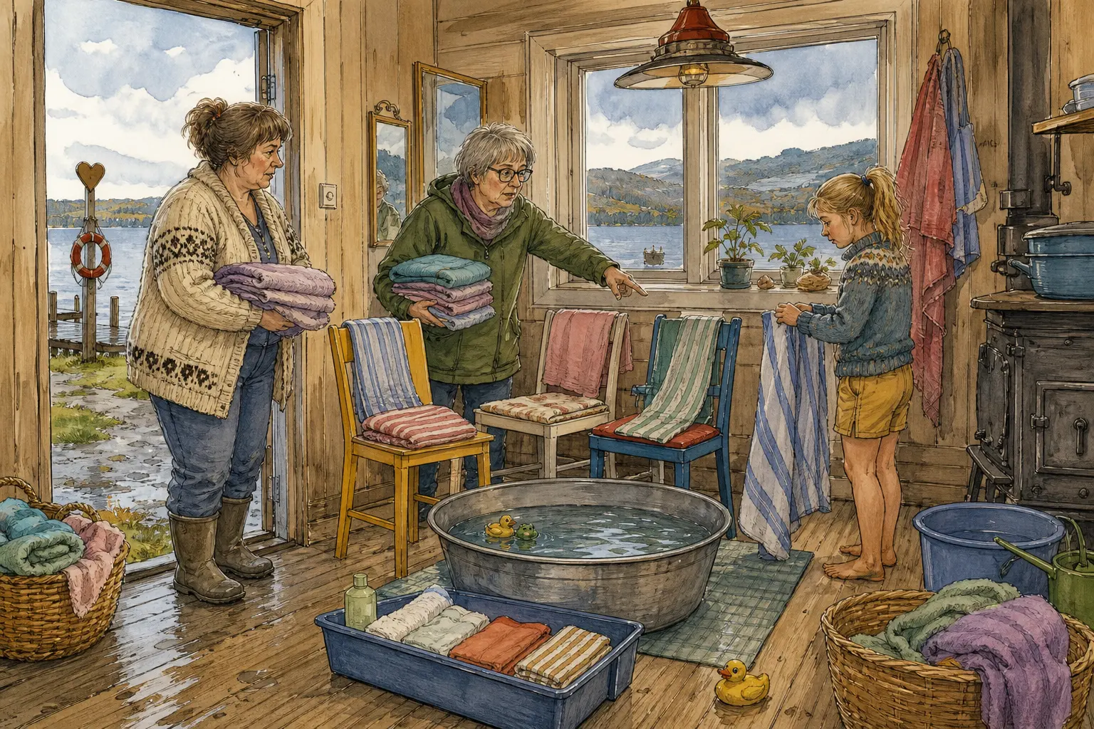 Tegnet hovedmotiv til saken Siste badedag ble lagt innendørs med håndkleberedskap: Da været ikke var direkte badevær, men heller ikke ustøtt, ble siste sommarlovsbad flyttet fra Ventelomma til stoler, håndklær og oppvaskbalje inne hos Speilvendt. Motivet knytter saken til Speilvendt Suppebar & Nøkkelservice, Karin Myrfløtt og Ventelomma med Hjertestolpen.