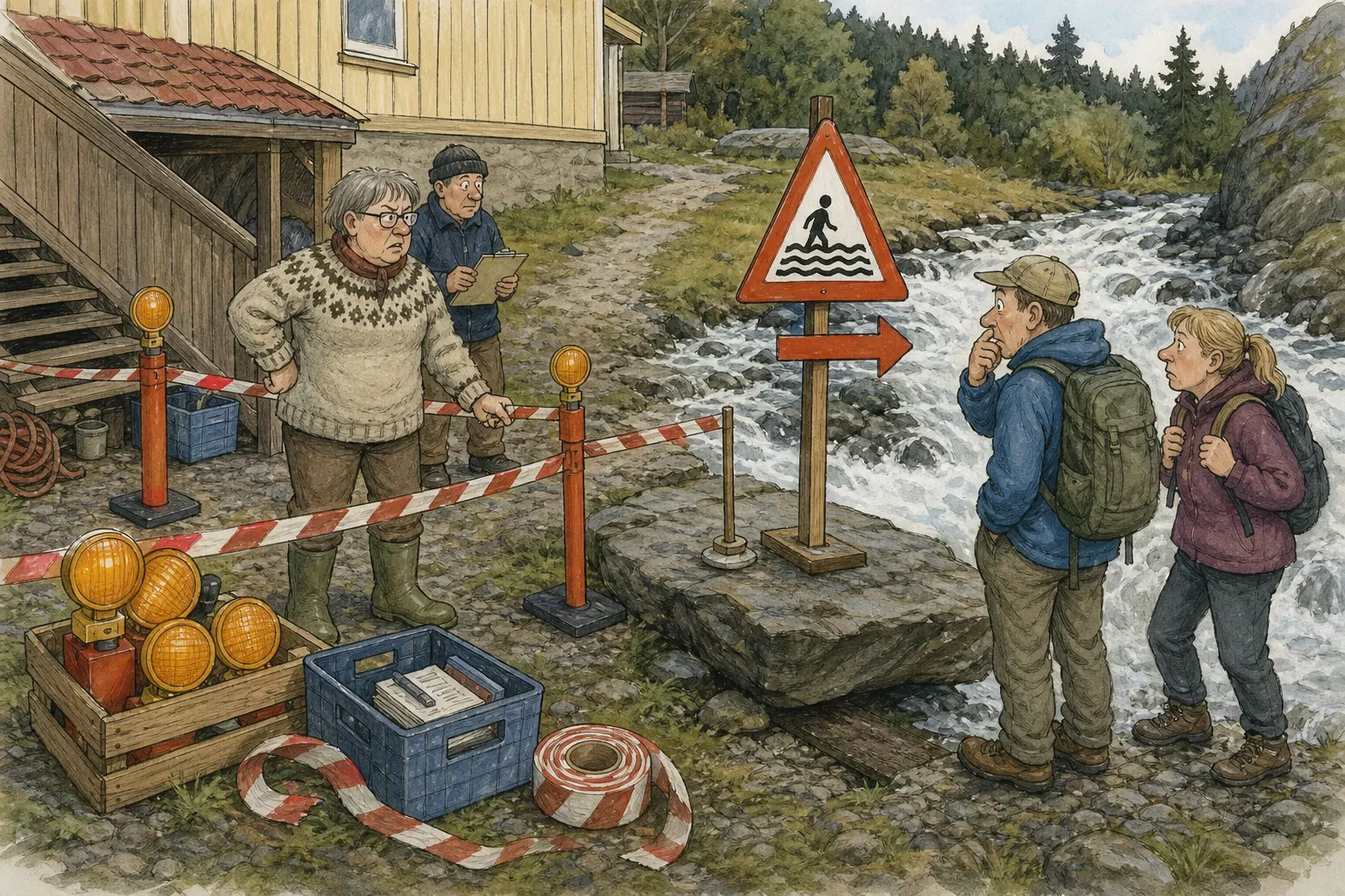Tegnet hovedmotiv til saken Flaumskilt sperrer retursteg ved Storfaret: Det nye fareskiltet bak samfunnshuset skal hjelpe tilreisende bort fra raskt stigende vatn. Motivet knytter saken til Ruth Kvamnes, Skrårommet under Samfunnshustrappa og Bakomberg Sanitetslag for Milde Tilfeller.