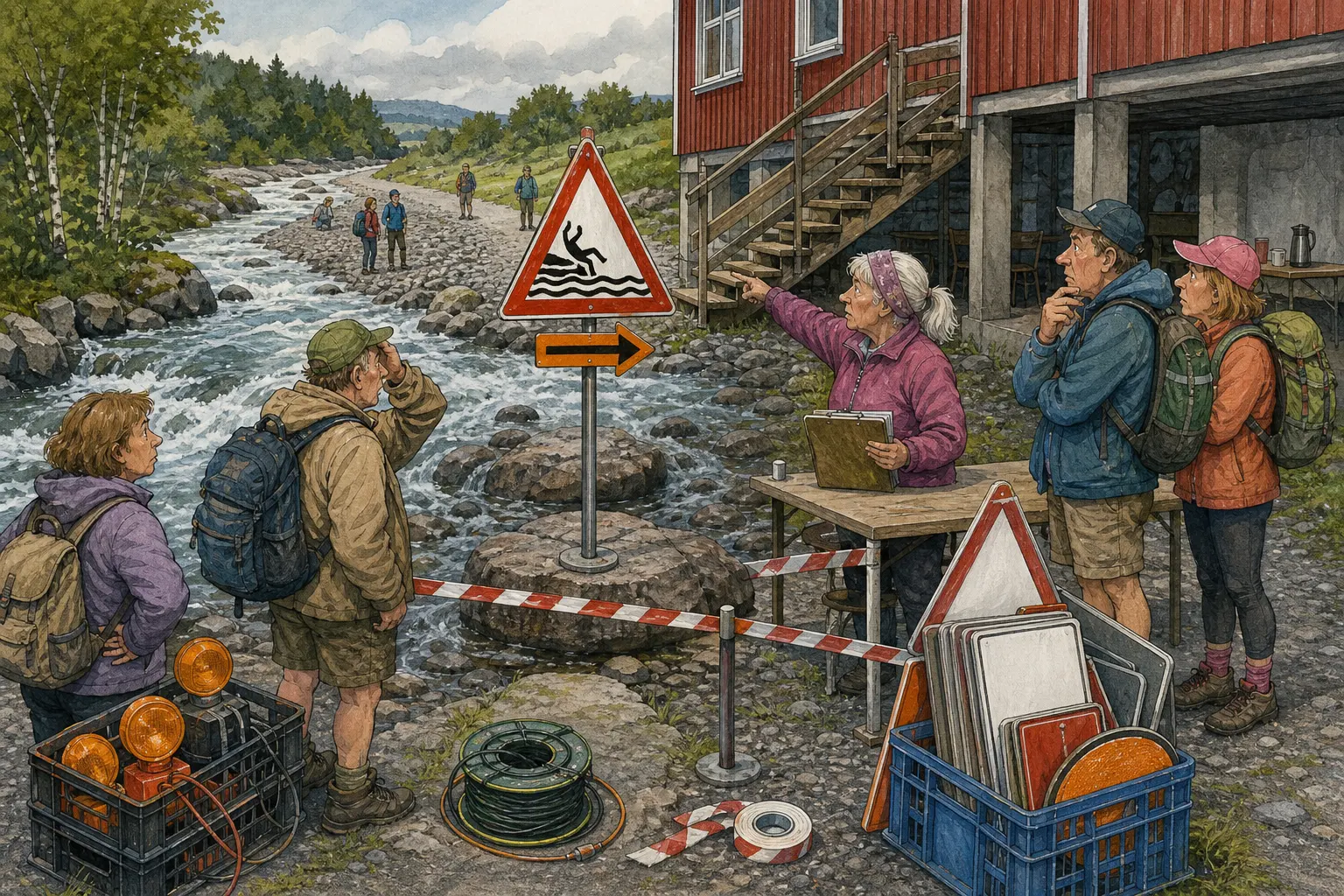 Tegnet støttemotiv til saken Flaumskilt sperrer retursteg ved Storfaret: Det nye fareskiltet bak samfunnshuset skal hjelpe tilreisende bort fra raskt stigende vatn. Motivet knytter saken til Ruth Kvamnes, Skrårommet under Samfunnshustrappa og Bakomberg Sanitetslag for Milde Tilfeller.