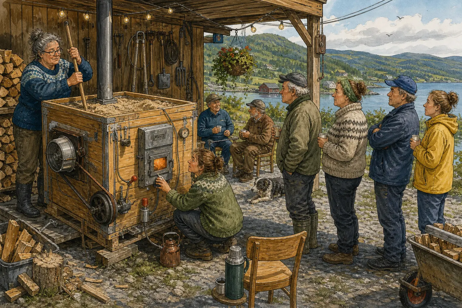 Tegnet hovedmotiv til saken Sandvarmaren tok kaffikroken: Sandvarmaren KV-17 skulle gi jevn varme etter kløyvinga. Motivet knytter saken til Gudrun Kjelsvik, Lauvvik Kvist & Kaffi og Bakomberg Hjelpekorps for Nestenulykker.