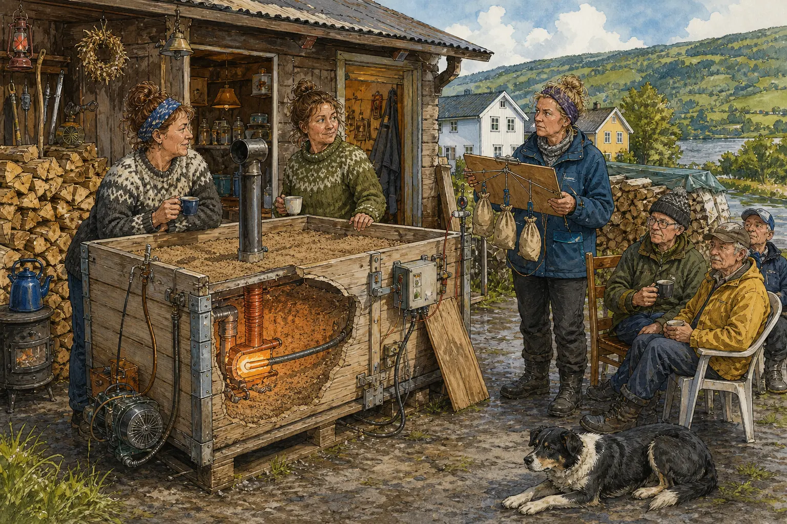 Tegnet støttemotiv til saken Sandvarmaren tok kaffikroken: Sandvarmaren KV-17 skulle gi jevn varme etter kløyvinga. Motivet knytter saken til Gudrun Kjelsvik, Lauvvik Kvist & Kaffi og Bakomberg Hjelpekorps for Nestenulykker.