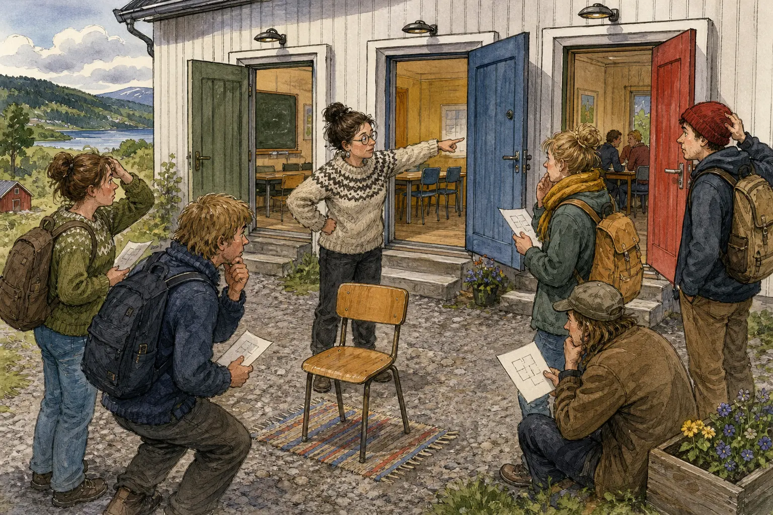 Tegnet hovedmotiv til saken Forelesningsplan med tre A-rom ga rolig studiestart: Overgangen fra videregående kontroll til fri studiehverdag ble konkret da studentene itte var sikre på om rom A, A-rommet og grupperom A var samme sted. Motivet knytter saken til Signe Brottveit, Bakomberg Lete- og Finneforening og Iben Vassmyr.