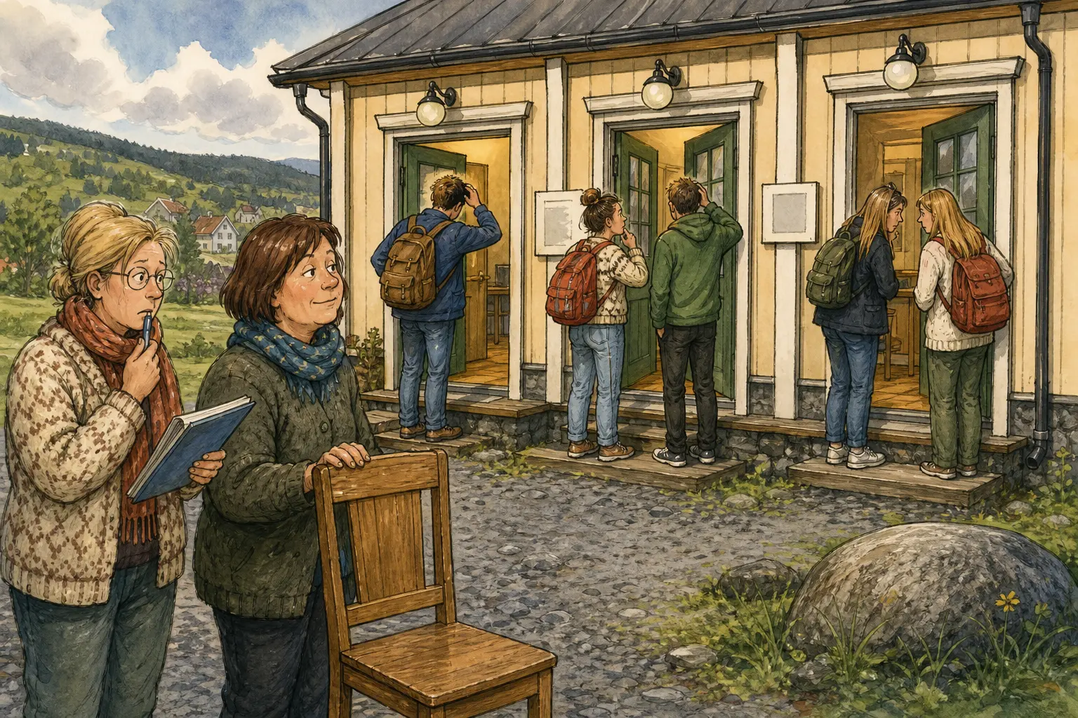 Tegnet støttemotiv til saken Forelesningsplan med tre A-rom ga rolig studiestart: Overgangen fra videregående kontroll til fri studiehverdag ble konkret da studentene itte var sikre på om rom A, A-rommet og grupperom A var samme sted. Motivet knytter saken til Signe Brottveit, Bakomberg Lete- og Finneforening og Iben Vassmyr.