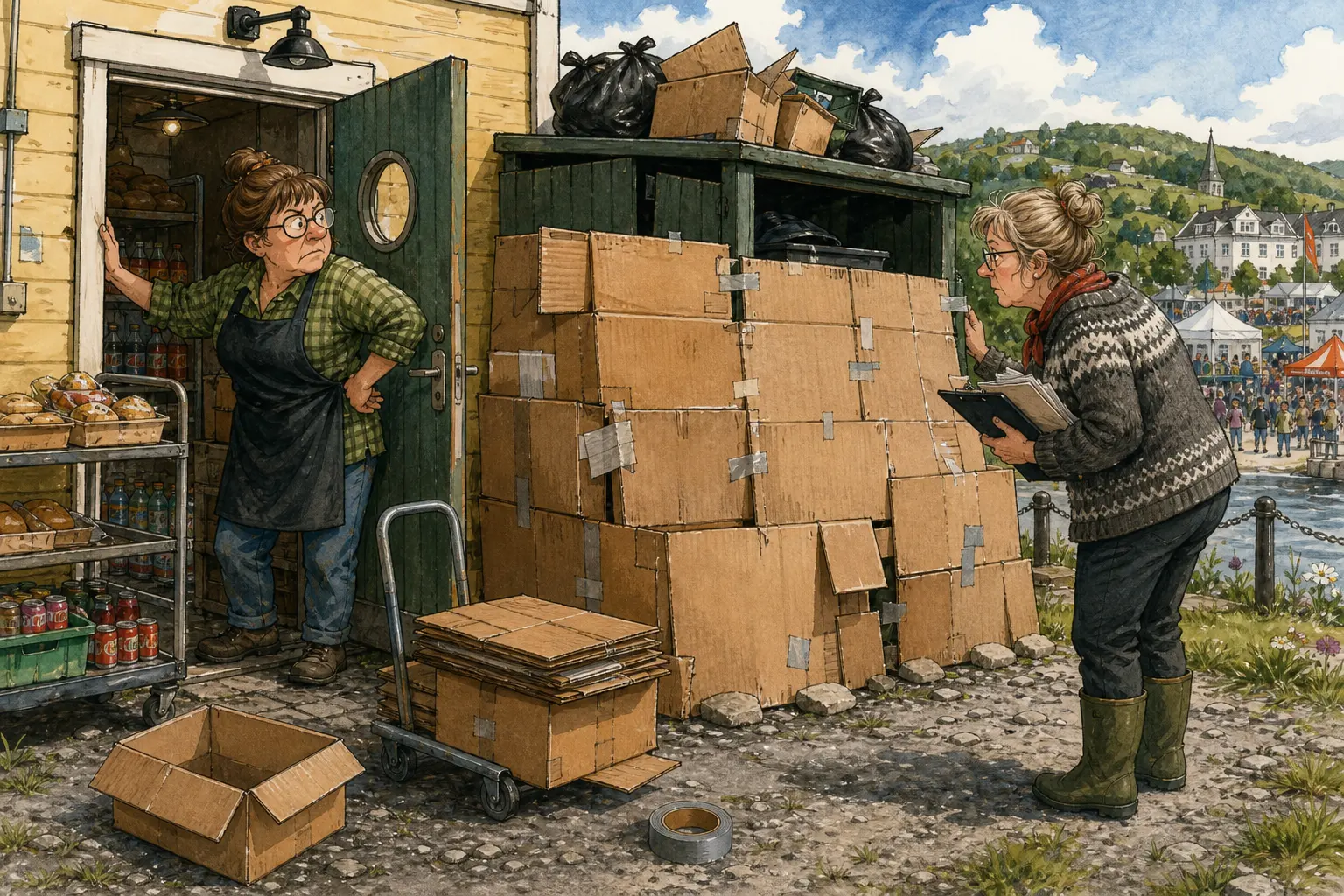 Tegnet støttemotiv til saken Pappesker skal hindre ny tomhylle i Etterpasshandelen: Karin Myrfløtt passer bakdøra mens Oddrun Fagerli følger med på om pappen foran søppelskuret faktisk er midlertidig.