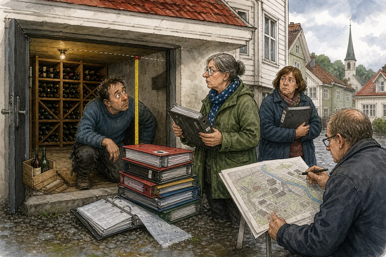 Tegnet hovedmotiv til saken Flaskereolen står klar, men vinrommet må avklares først: Et planlagt vinrom i et eldre sentrumshus har fått varsel om byggestopp og spørsmål om ansvarsrett. Motivet knytter saken til Varselskiltstua på Nedre Tverrveg, Solfrid Hjellbrekke og Torill Myrseth.