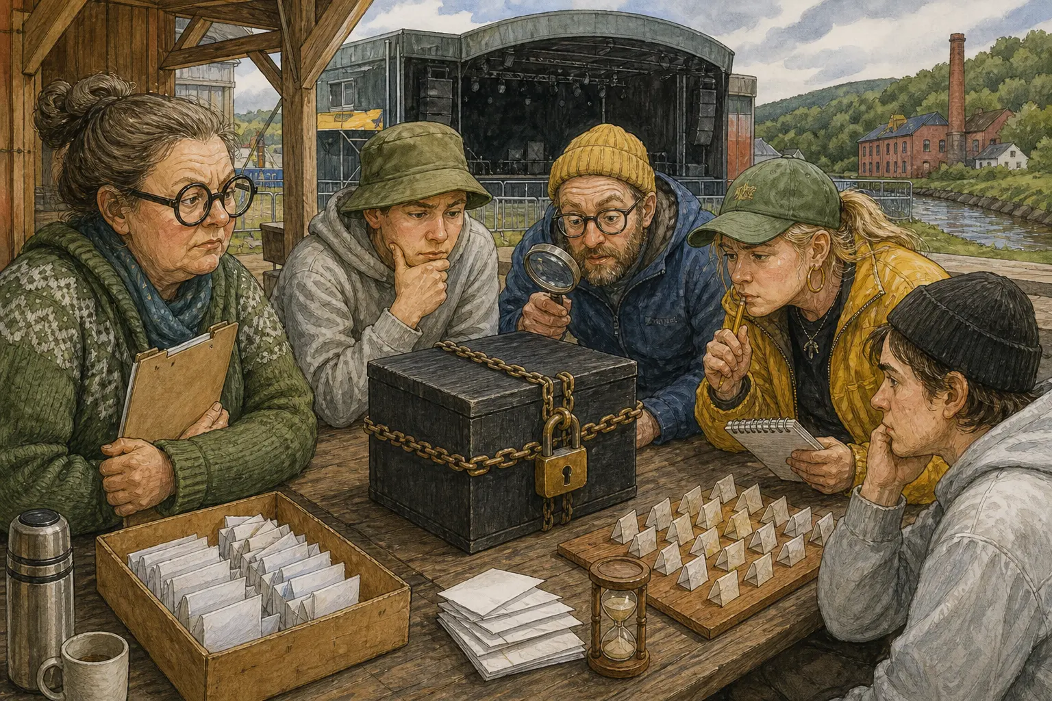 Tegnet hovedmotiv til saken Navnefritt festivalprogram skulle gi Pumpehusdagene mer ungdomspreg: Pumpehusdagene ville svare på kritikk om for lite ungdomspreg. Motivet knytter saken til Kaffekroken ved Pumpehuset, Bakomberg Hundeklubb for Stille Kommandoer og Oddrun Fagerli.
