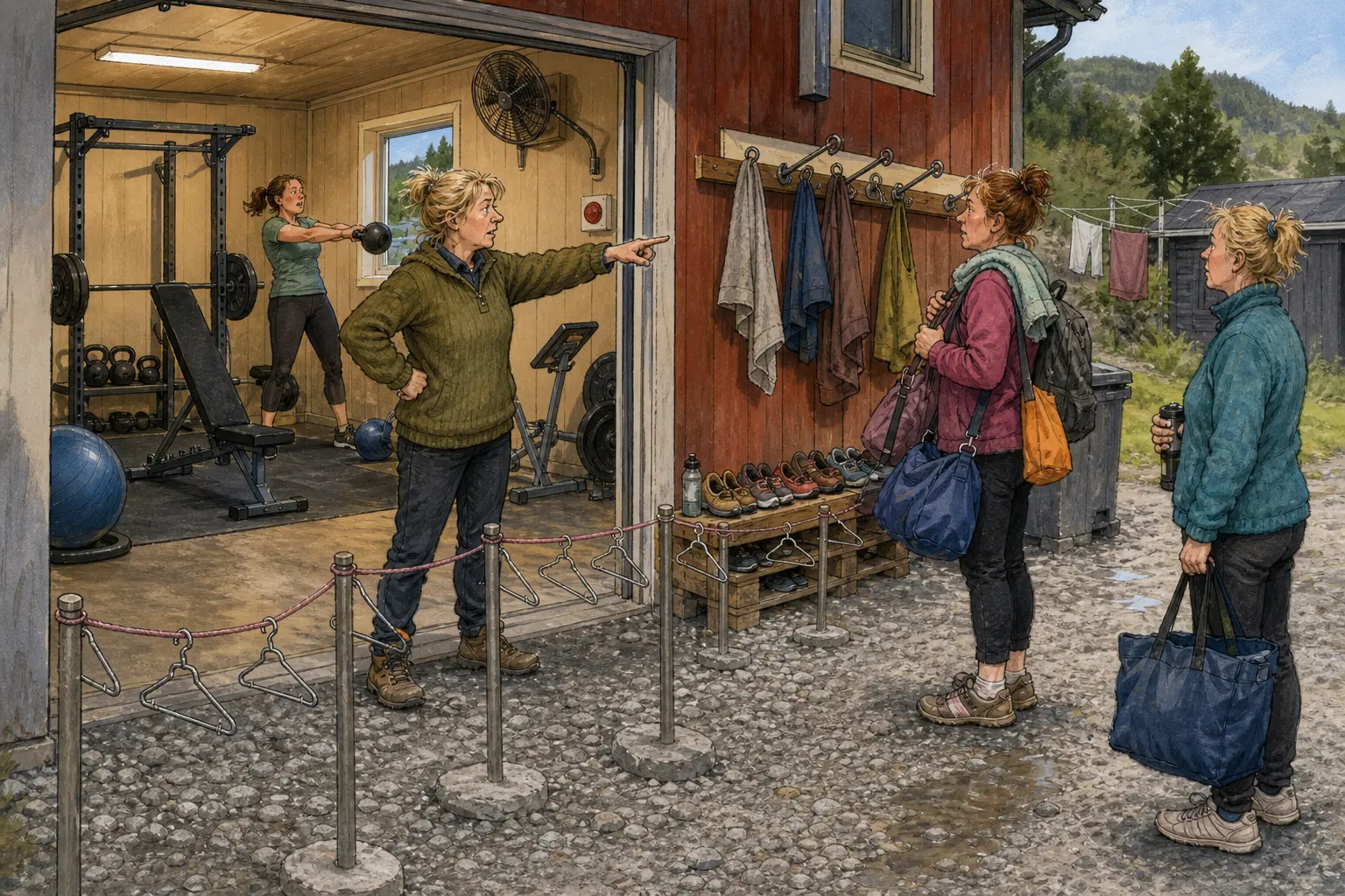 Tegnet hovedmotiv til saken Nytt treningsrom uten dusj gir kroken mer å bære på: Bakombergs nye treningsrom har åpnet uten dusjer. Motivet knytter saken til Bjørkelunds Lokk & Luker, Margot Kleven og Lina Rognlien.