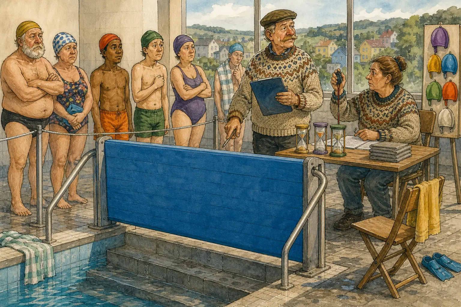 Tegnet støttemotiv til saken Bassengdeleren stoppa gratisbadet ved trappa: Bakomberg Lapp- og Merkelag tok svensk badelogikk inn i folkebadet. Motivet knytter saken til Aslak Vassmo, Bakomberg Lapp- og Merkelag for Midlertidig Orden og Rakel Nyborg.
